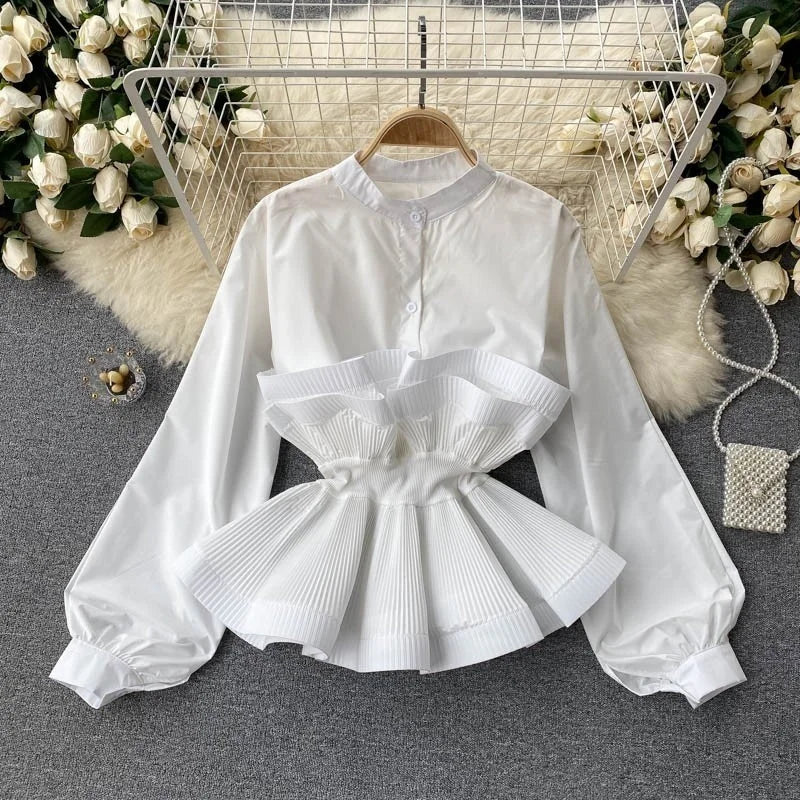 Puff Long Sleeve Pleated Ruffle Y2k Top Blouse