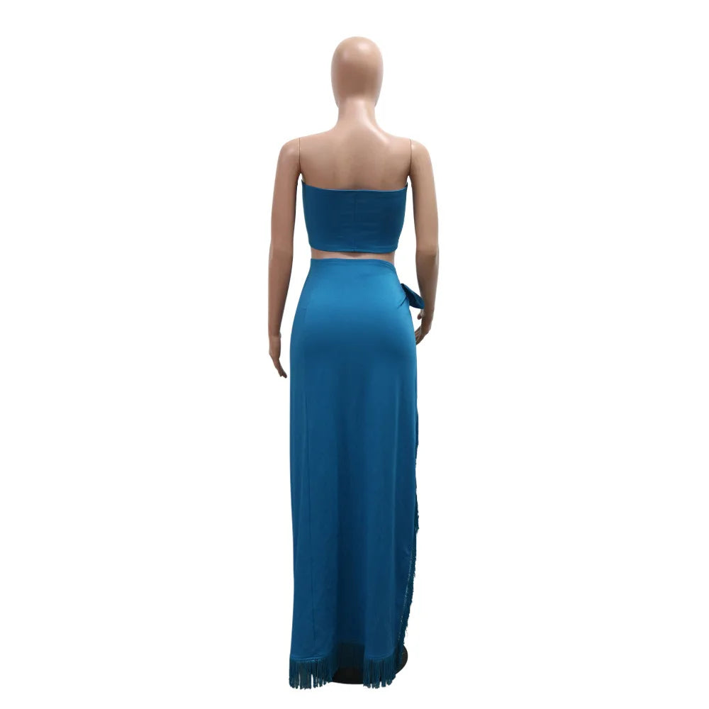 Strapless Crop Top + Ruched Split Tassel Long Skirts Two Piece Sets