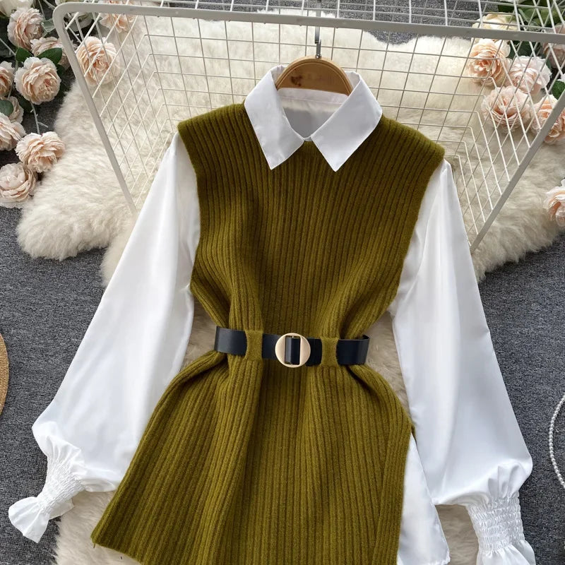 Luxury Style Loose-fit Long Sleeve White Shirt Side Slit Knit Vest 2-piece Set