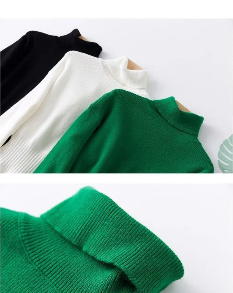 Knitted Casual Solid Elastic Waist Turtleneck Long Sleeve Dress Korean Fashion Pullover Mid-Calf Dresses