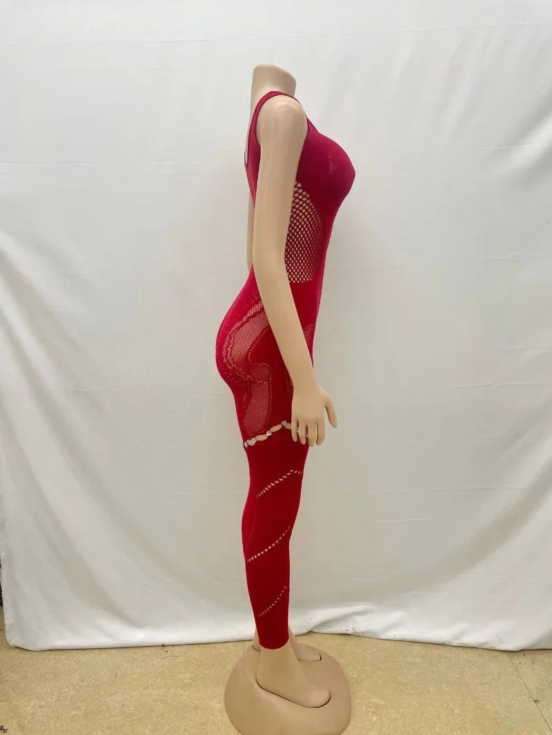 Hollow Out Rhinestones Patchwork Jumpsuit