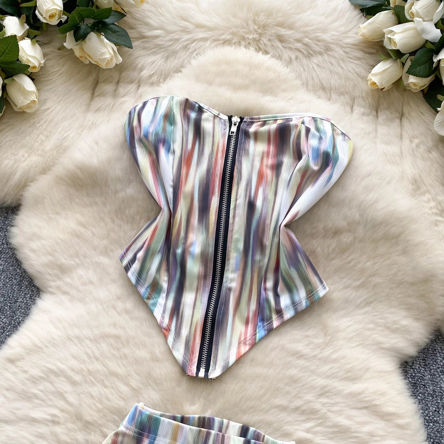 Two Piece Sets Strapless Zipper Tops+Bodycon Long Pants Suits