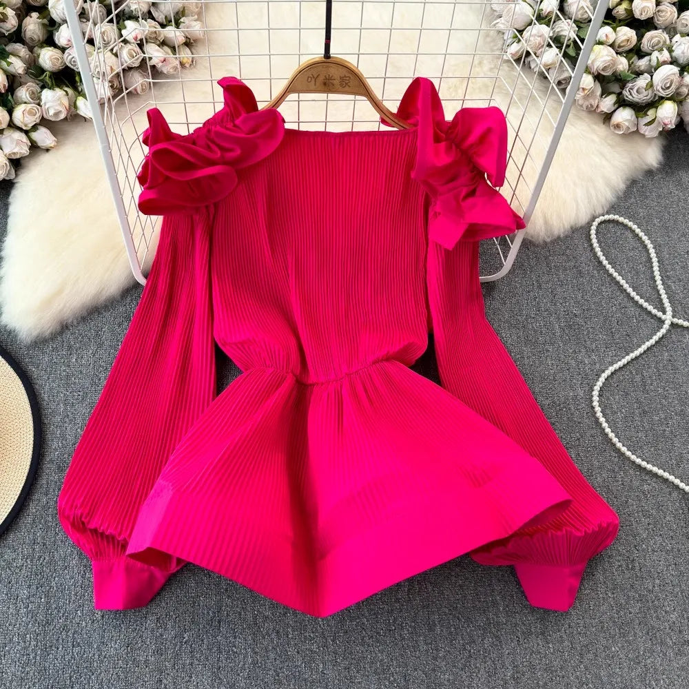 Long Sleeve Pleated V-Neck Flower Ruffles Blouse