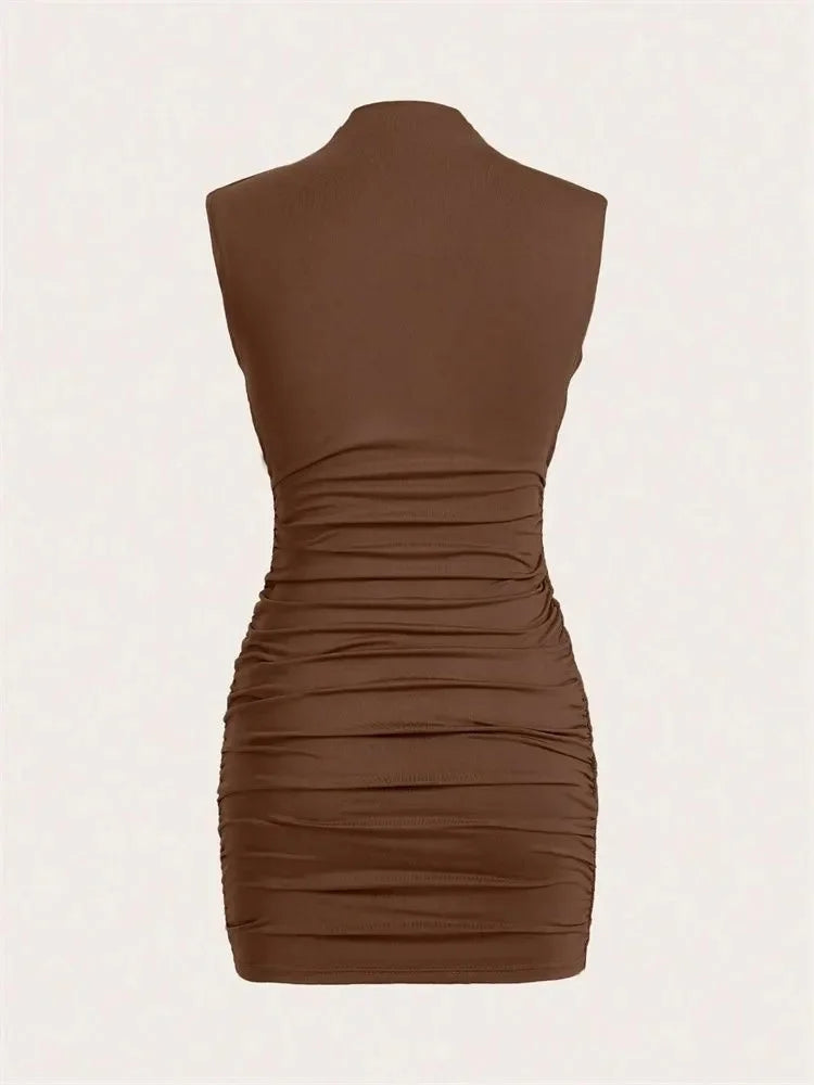Pleated Sleeveless Mock Neck Ruched Pencil Short  Mini Bodycon Dress