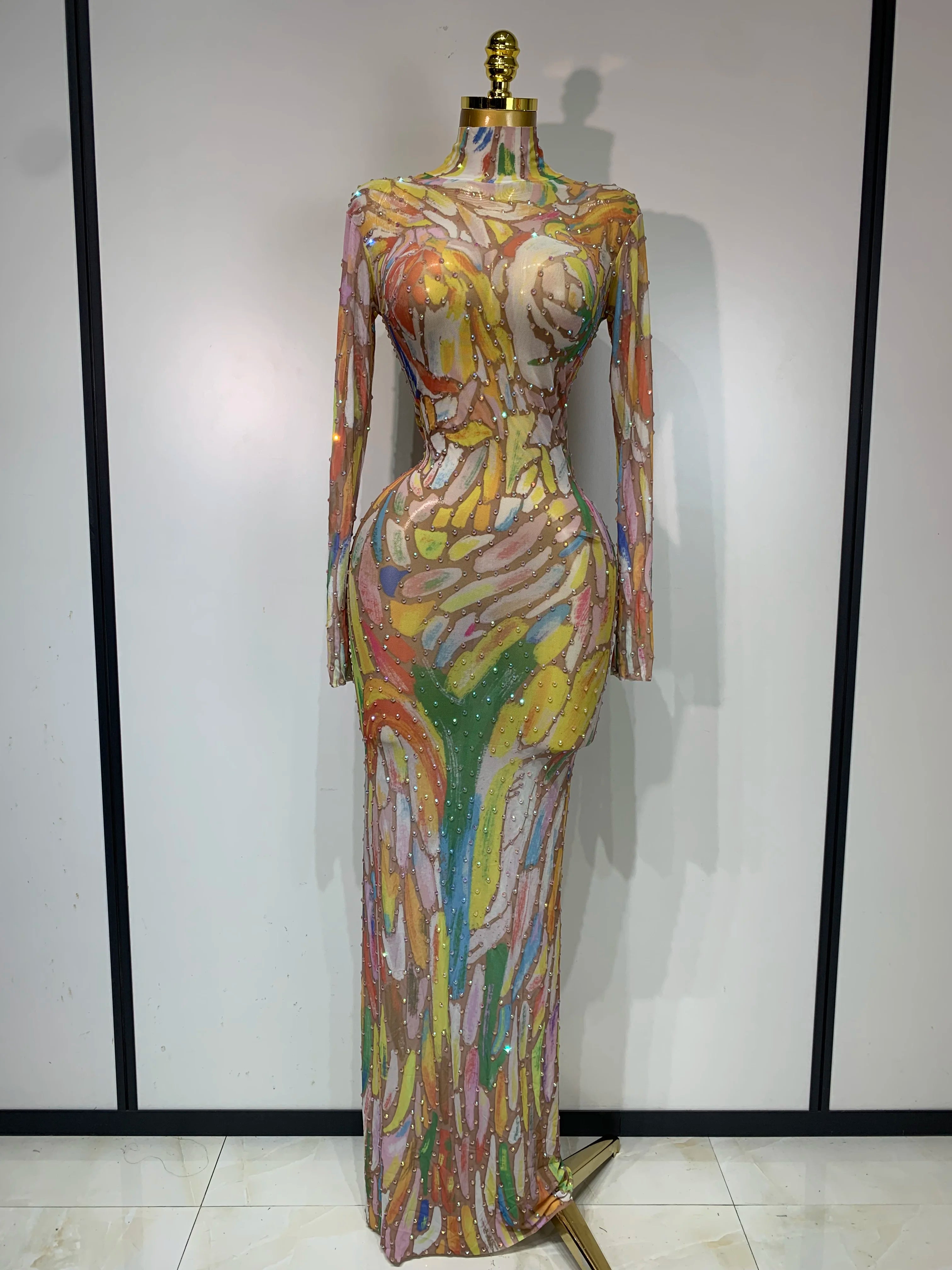 Stretchy See Through Mesh Sparkly Rhinestone Dress