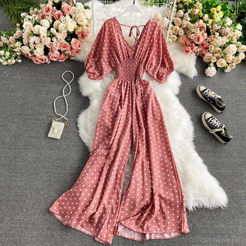 V Neck Dolman Sleeves Floral Print Wide Leg Jumpsuit