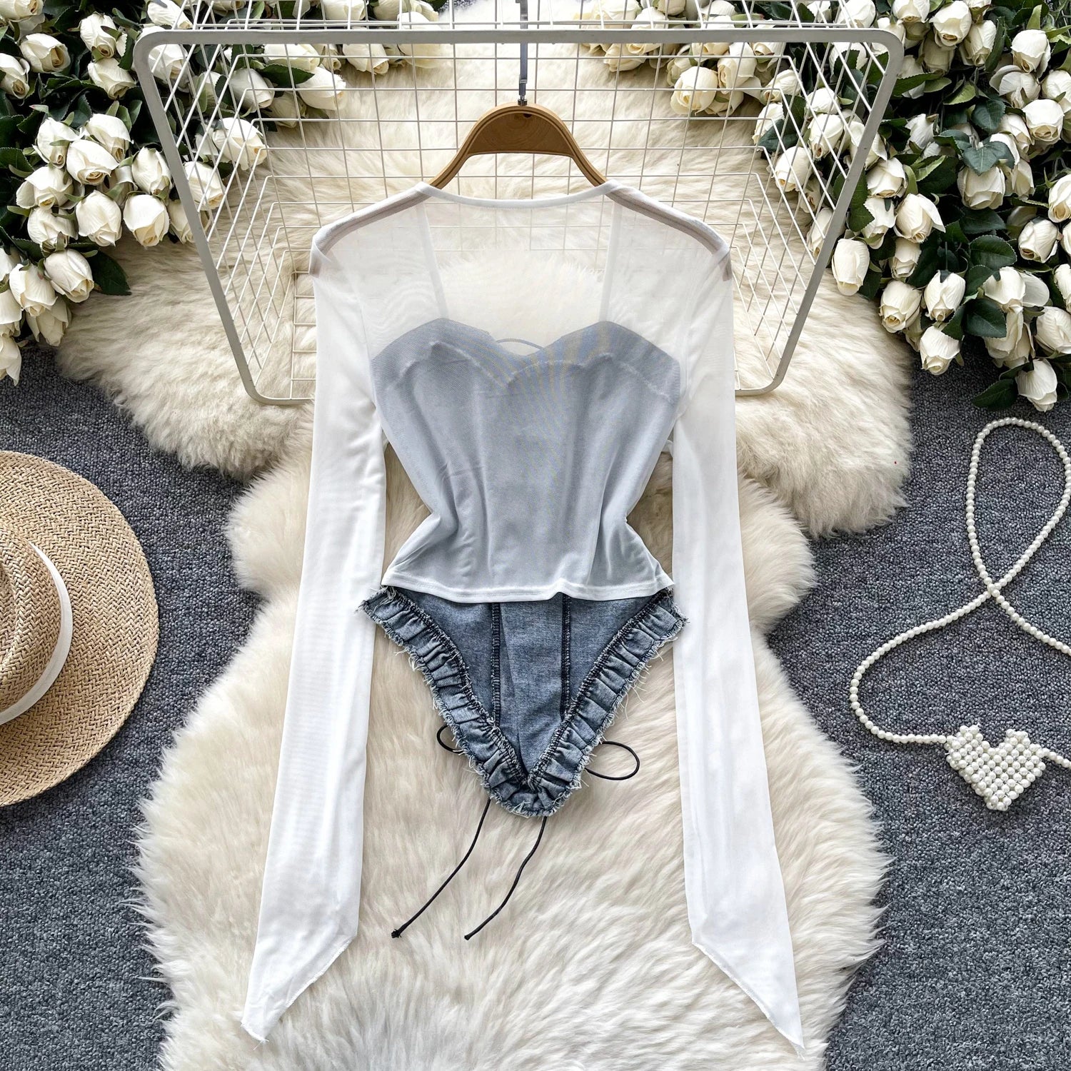 Retro Patchwork Long Sleeves Sheer Lace Up Denim Bodysuit