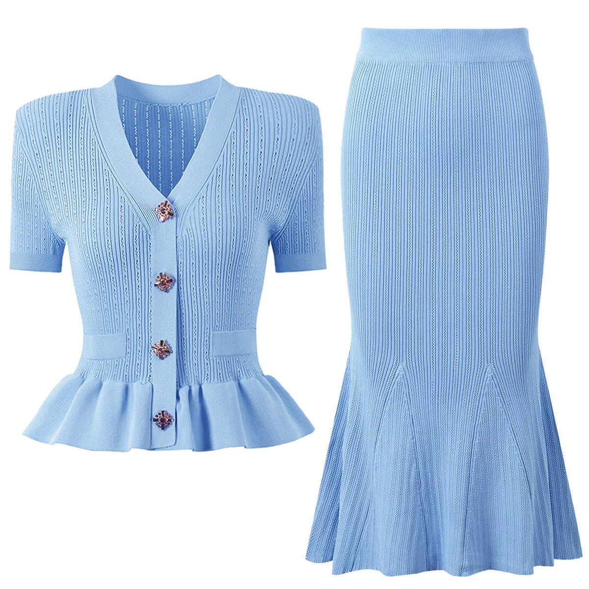 Knitted Two Piece Set Short Sleeve Knitting Cardigan Fishtail Long Skirt Suit