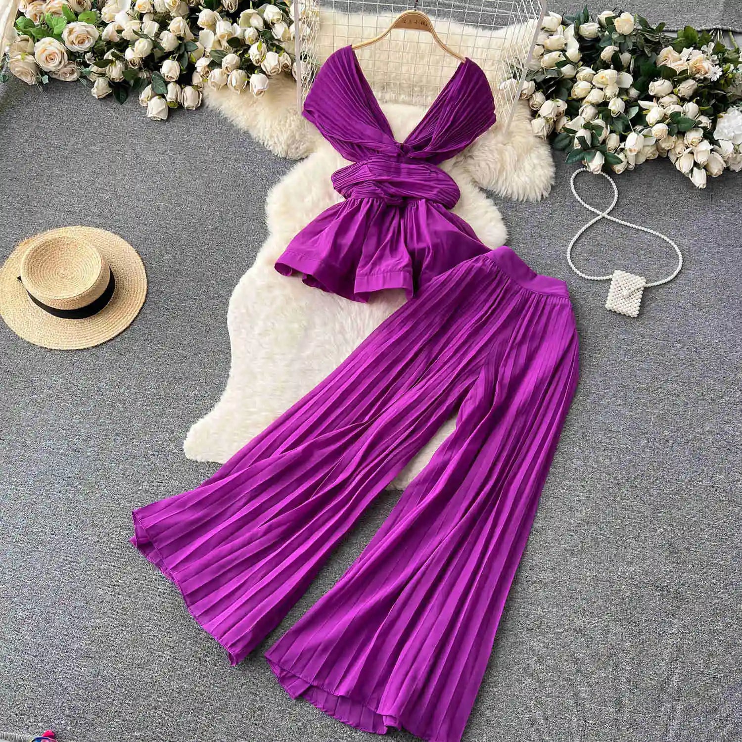 High End Elegant Pleated Sleeveless Chiffon Top+High Waist Wide Leg Pants Two Piece Set