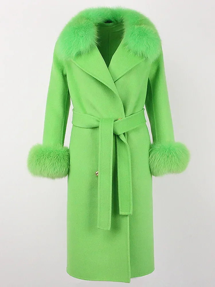 Real Fur Natural Wool Blends Cashmere Double Breasted Belt Warm Coat