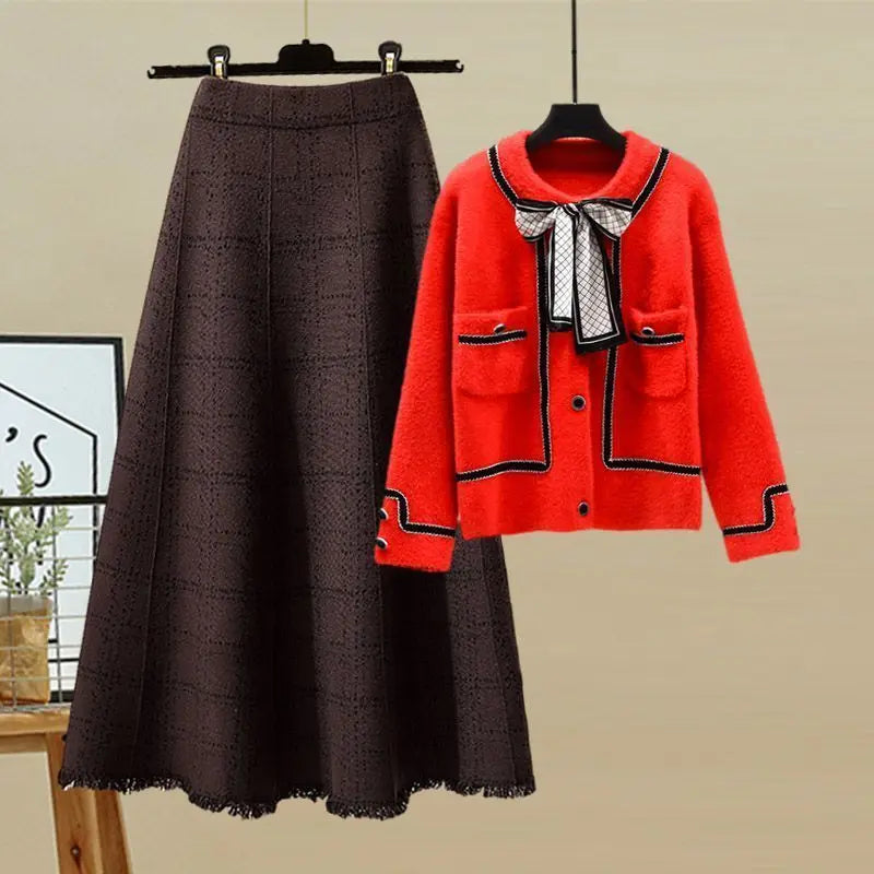 Bow Tie Cardigan Plaid Skirt Two-piece Set