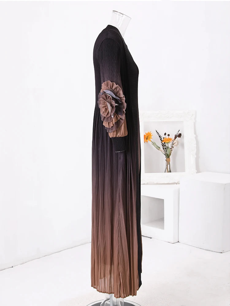 Pleated Set Gathered Waist Floral Sleeves Coat Sleeveless Long Dresses