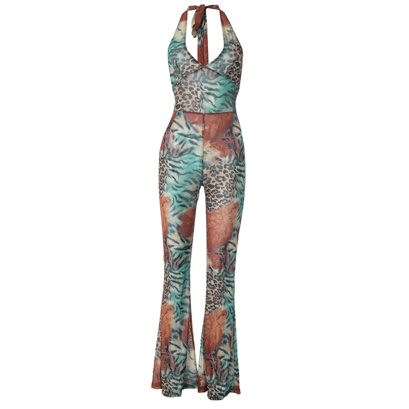 Leopard Print See Through V-Neck Halter Bandages Backless Jumpsuit