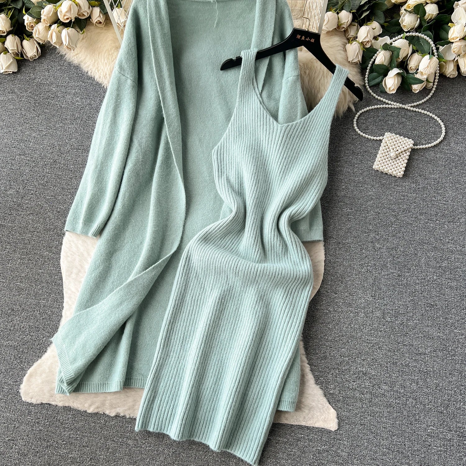 Autumn Thick Warm Knitted Suits Knit Dress+Loose Long Cardigans Sweater Casual Two Pieces Sets