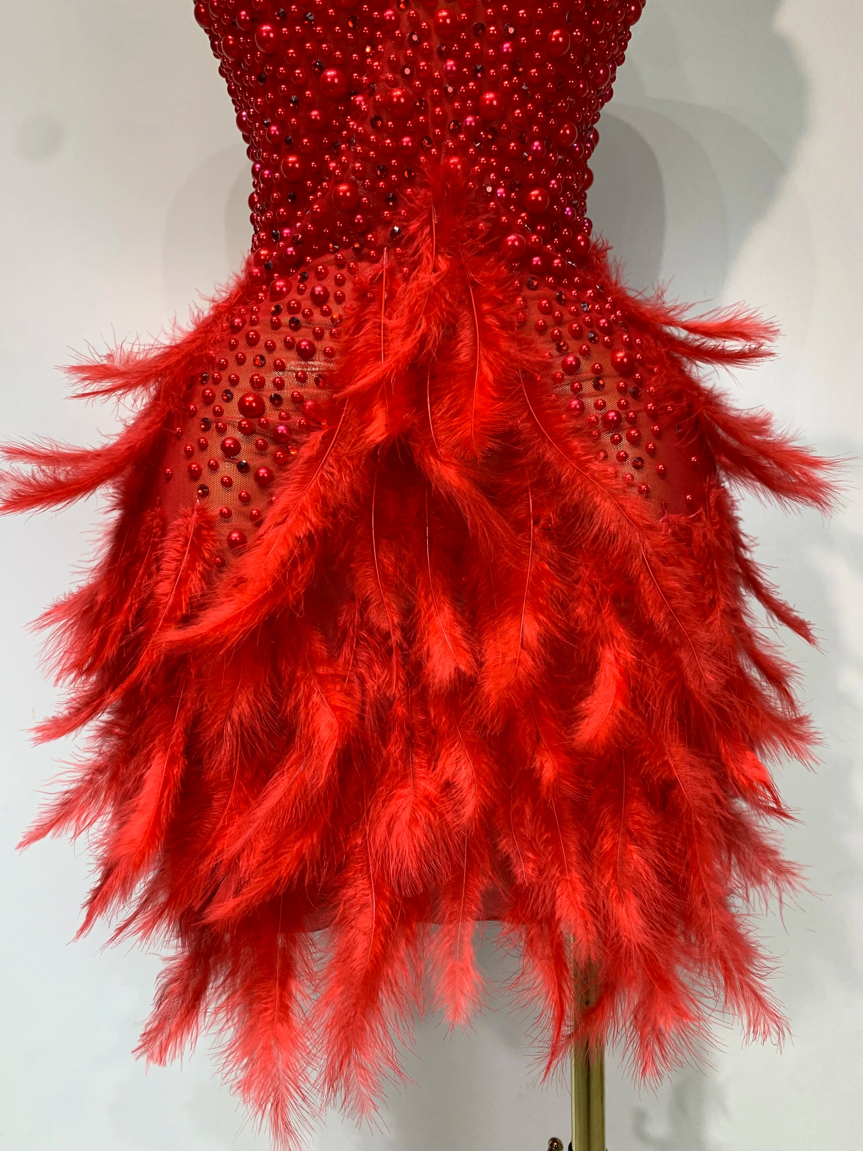 Luxury Rhinestones Pearls Halter Backless Short Feathers Dress