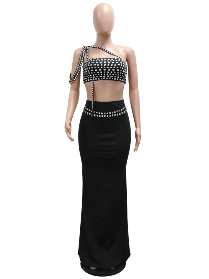 Beading Diamonds Two-Piece Short Top Long Dress Set