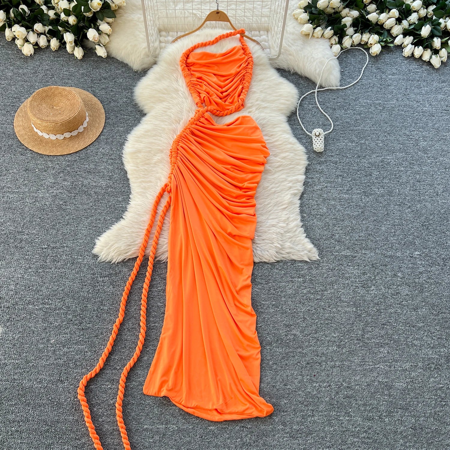 Hollow Out Split Ruched Solid Maxi Sundress