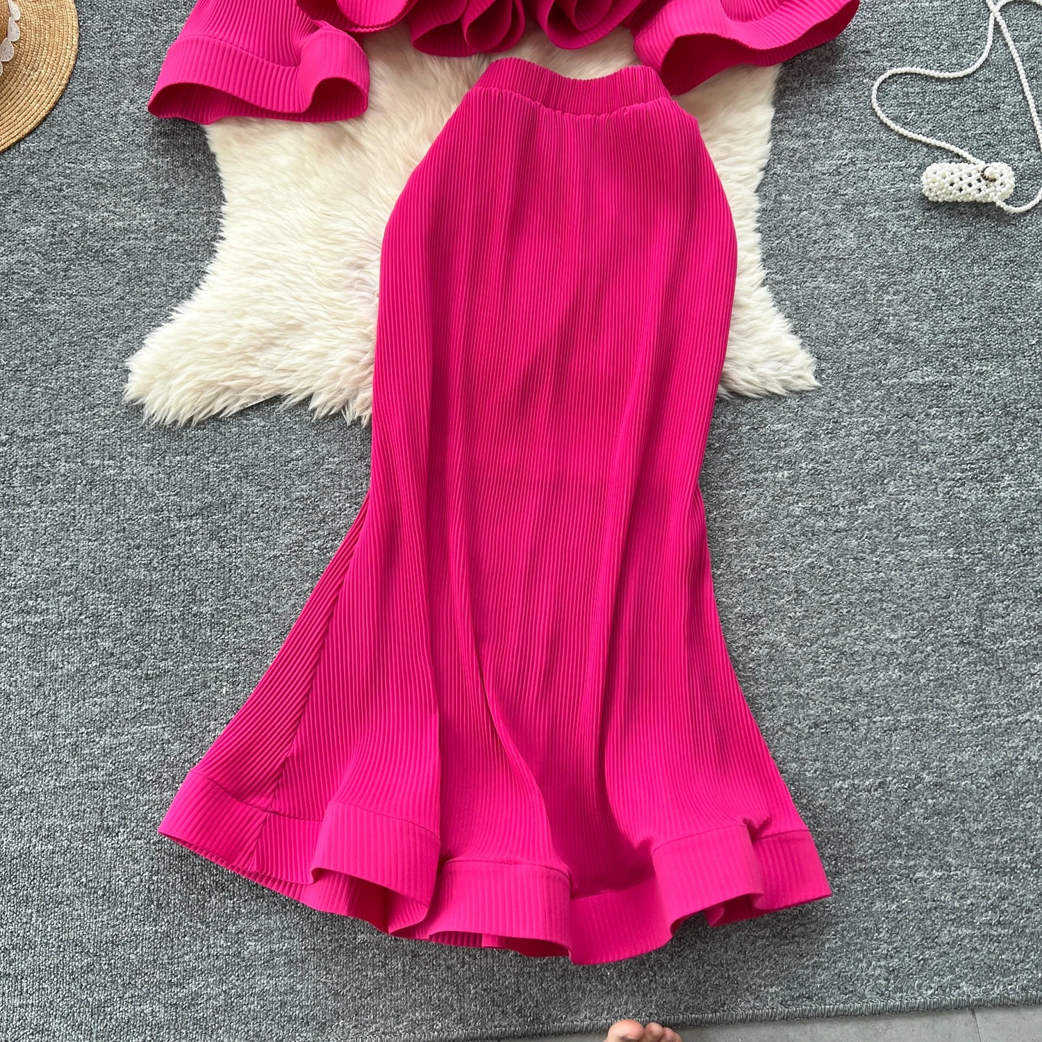 3D Flower 2pc Set Flare Sleeve Tops+Bodycon Mermaid Skirt