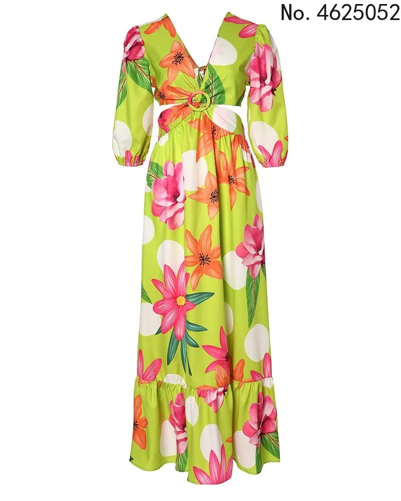 Long Maxi V-neck Short Sleeve Print Dress