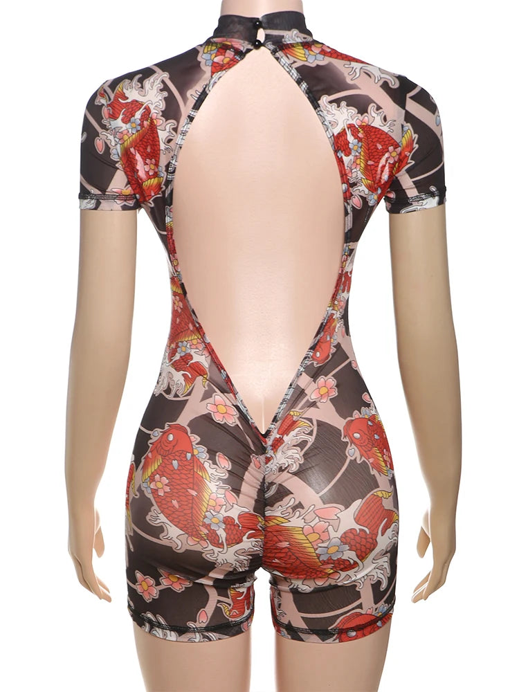 Backless See Through Short Romper