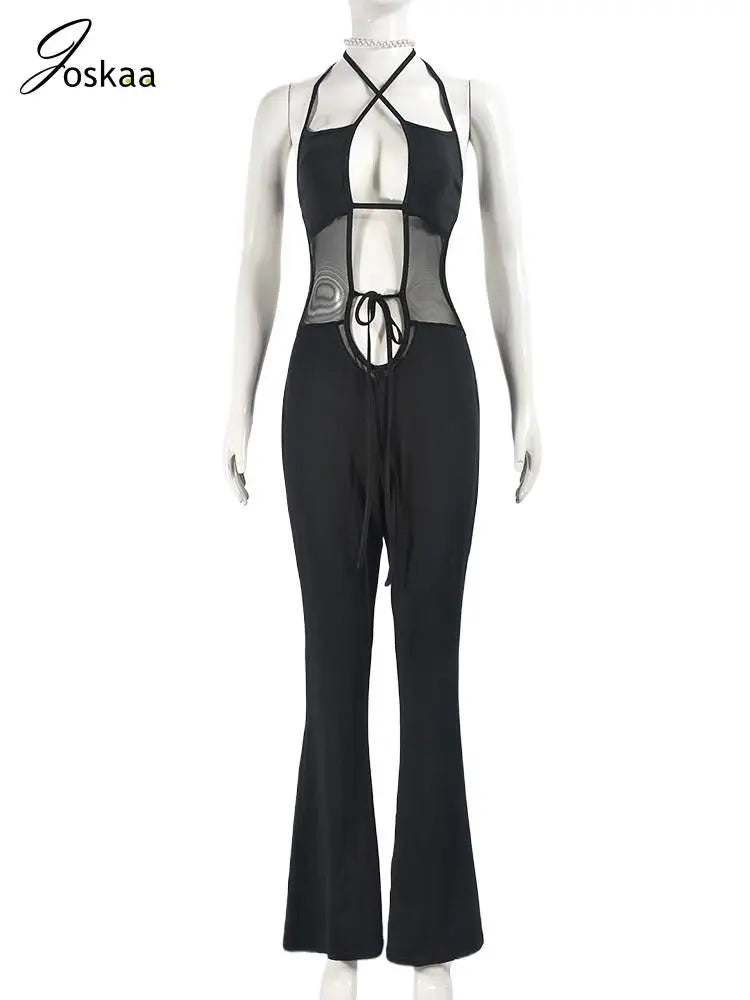 Deep V-Neck Backless Mesh Patchwork Cutout Black Jumpsuits