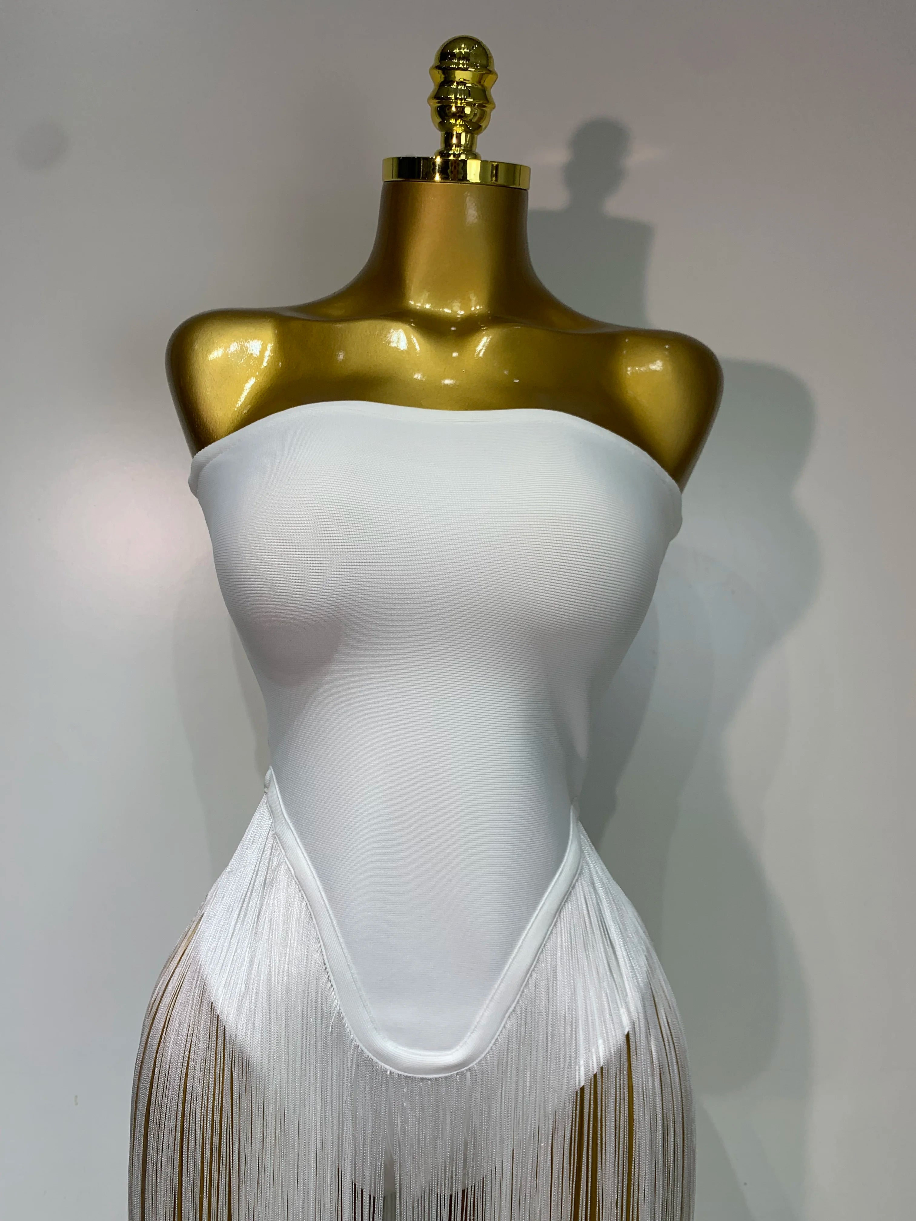 Luxury Long Tassel Patchwork Strapless Bandage Bodysuit Dress