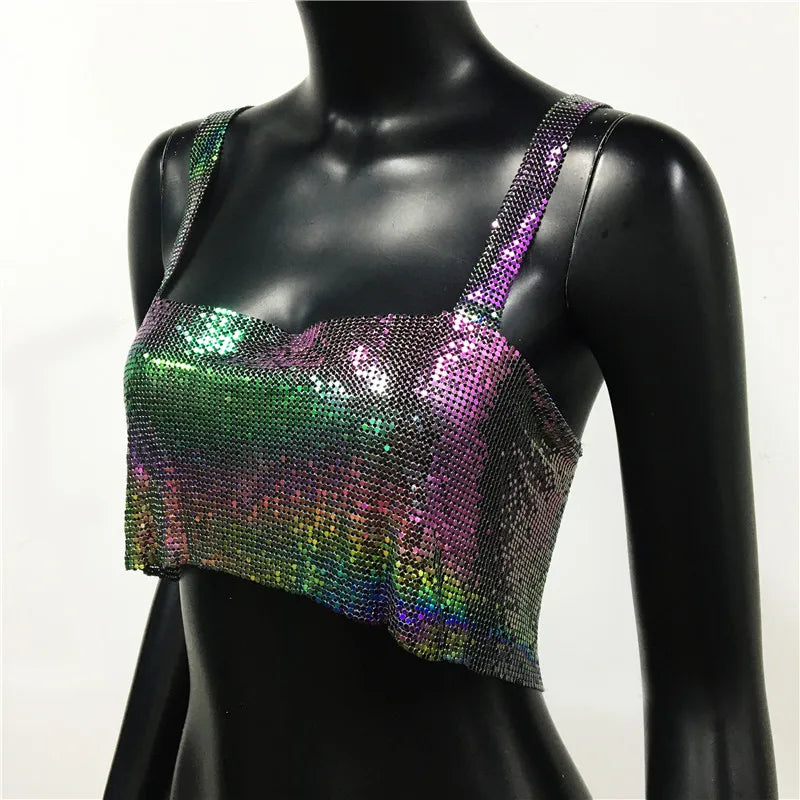 Bling Metallic Sequin Crop Top y2k Backless Straps Cropped Top