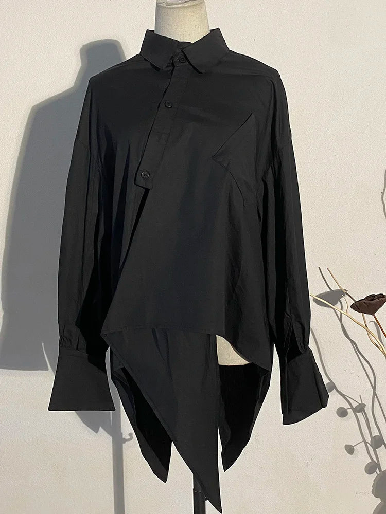 Irregular Big Size Lapel Long Sleeve Loose Fit Women's Blouse
