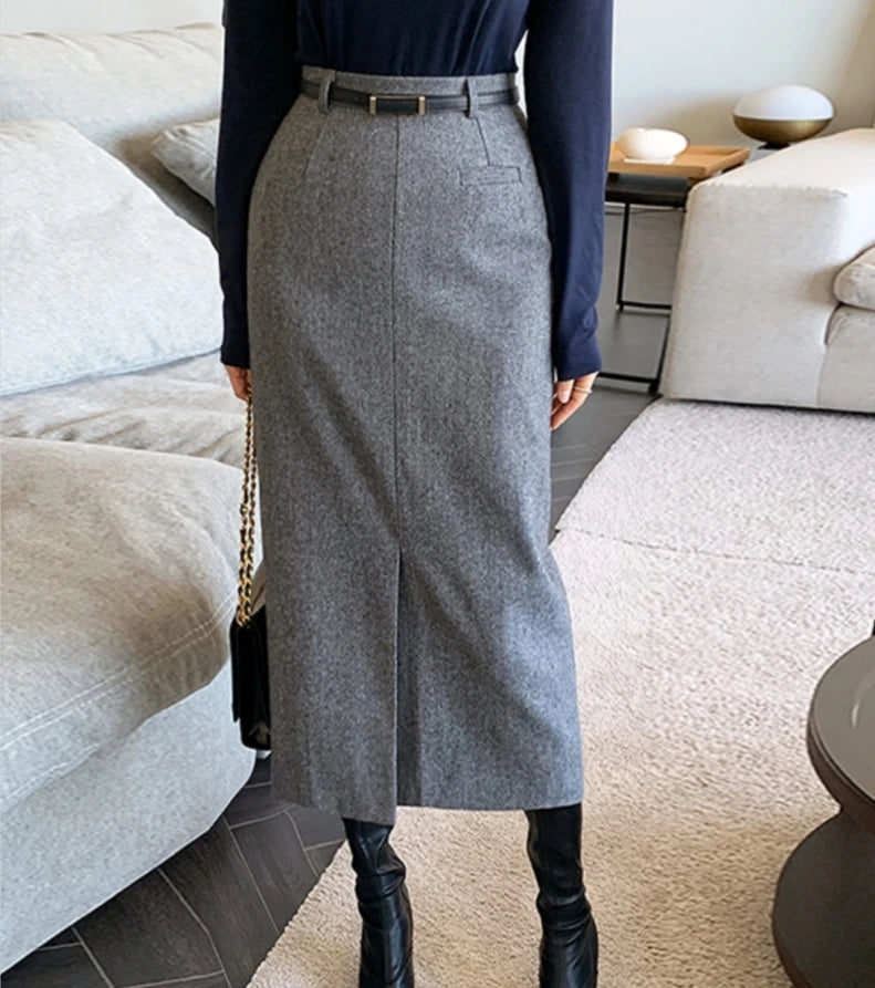 Casual A-Line High Waist Striped Faux Wool Pencil Skirts