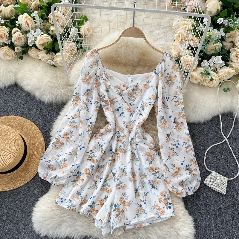 V-neck Puff Sleeves Folds Slim Floral Wide-leg Playsuit Jumpsuit