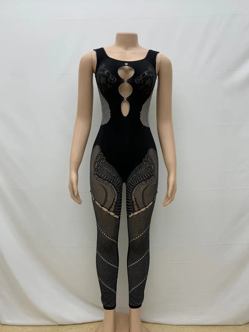 Hollow Out Rhinestones Patchwork Jumpsuit