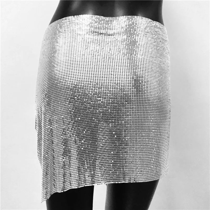 Metal Sequins 2 Piece Set Backless Halter Tank Tops Split Mini Skirts