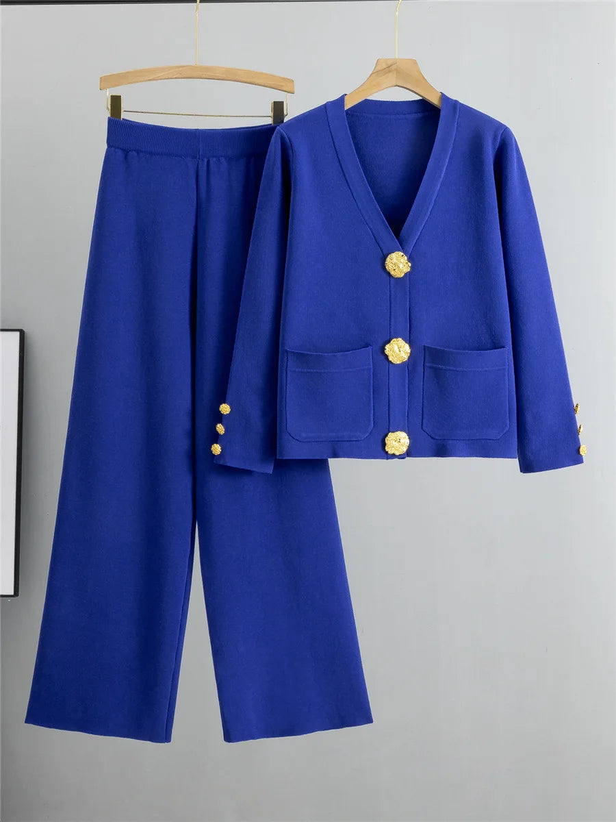 Elegant Knitted 2 Piece Sets Sweater Cardigan Tops And High Waist Wide Leg Pants Outfit