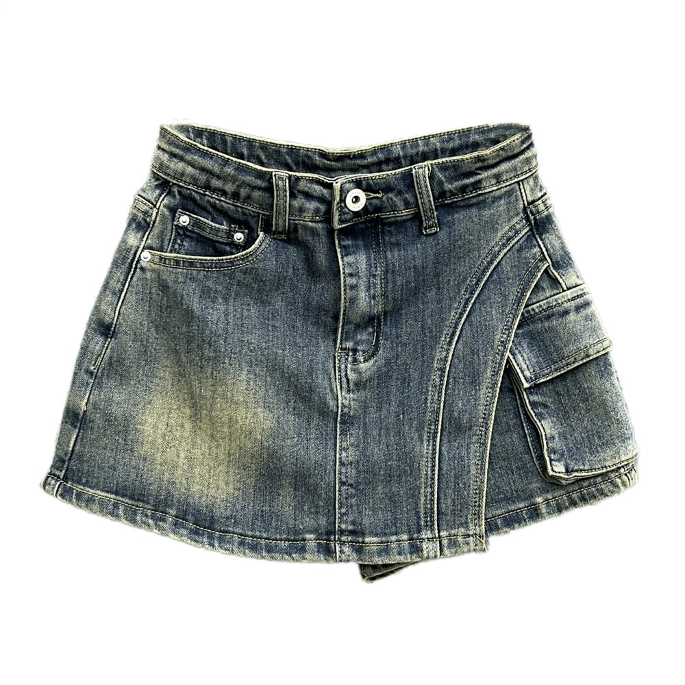 Denim Big Pockets Cargo High Waist Short A-line Mini Skirt