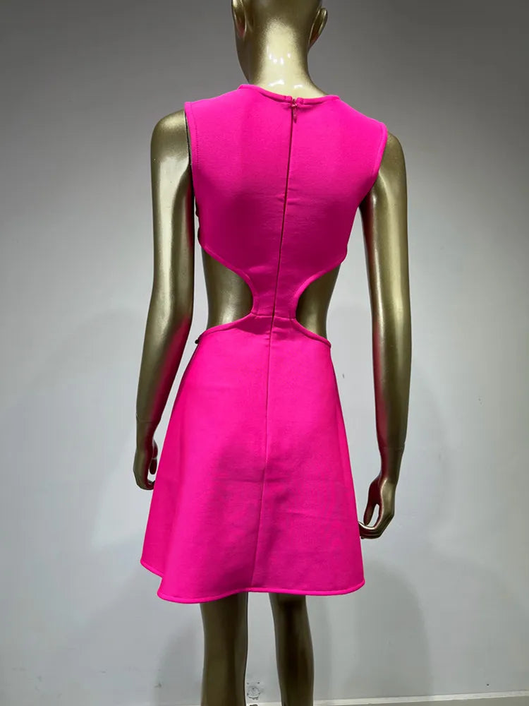 Sleeveless O Neck Flower Hot Pink Mini Bandage Dress