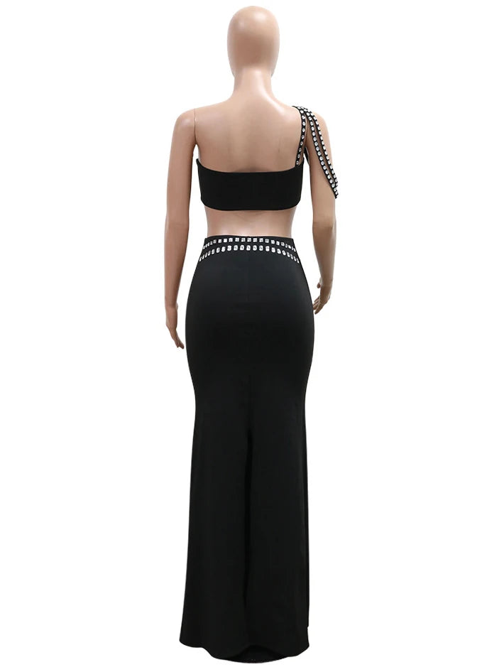 Beading Diamonds Two-Piece Short Top Long Dress Set