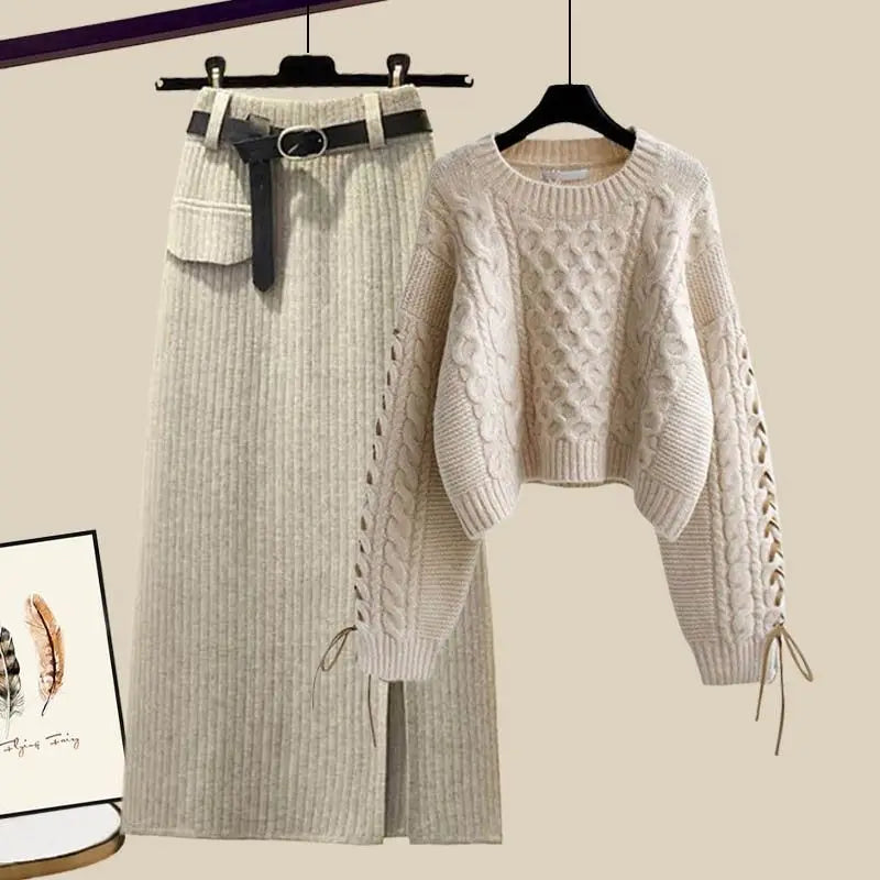 Long Sleeve O Neck Ribbed Top+Midi Skirt Dress Two Piece Sets