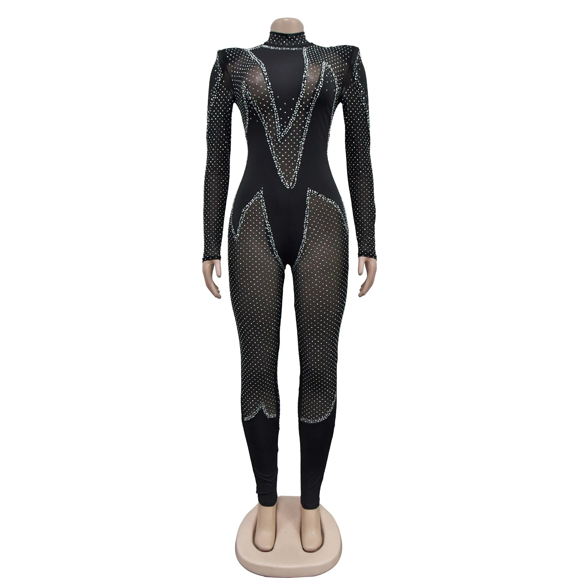 See Though Mesh Diamonds Rhinestones Jumpsuit