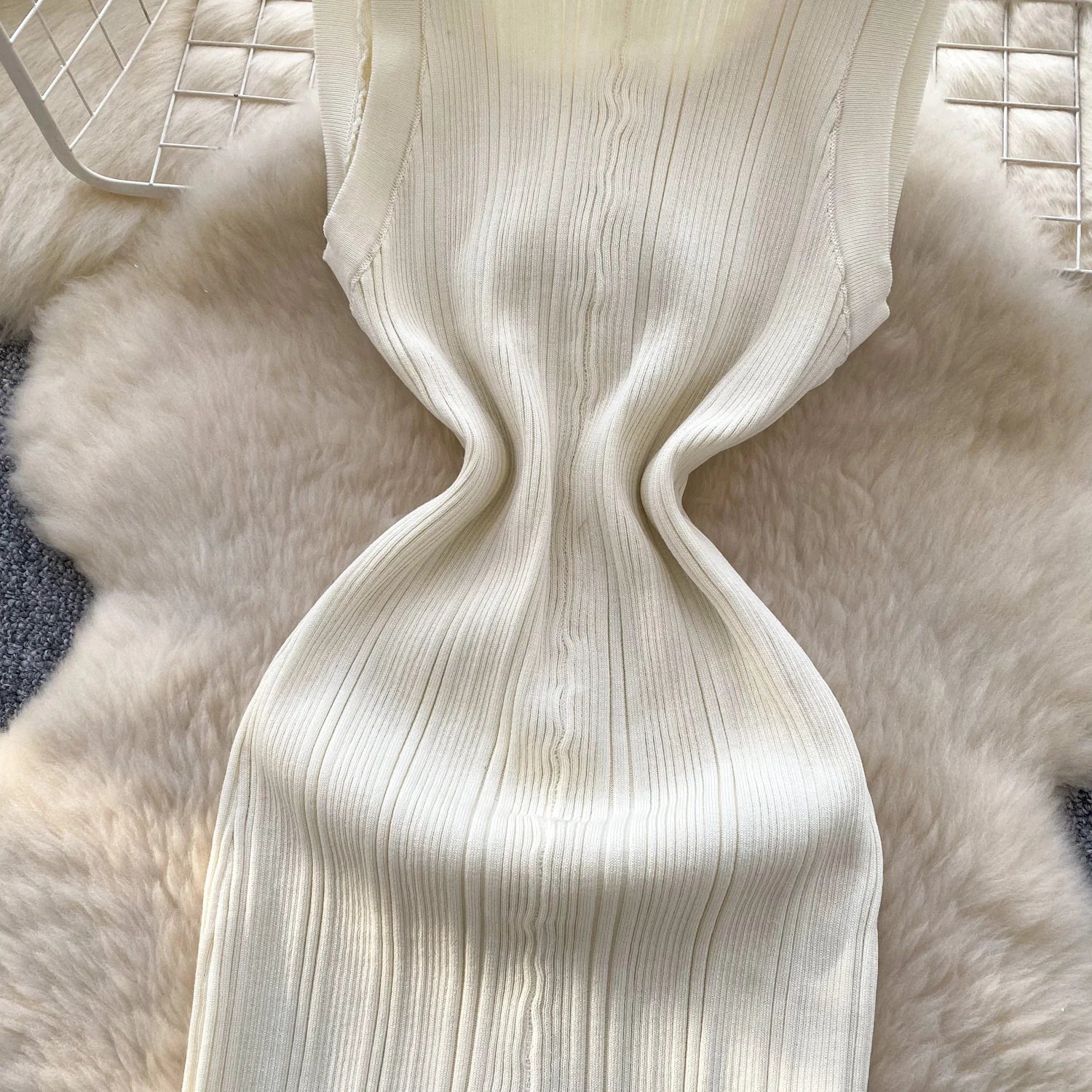 Elegant Office Lady Dress O Neck Sleeveless Knitted Bodycon Dress Sundress