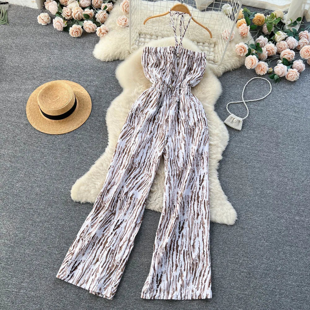 Halter Strapless Backless Loose Wide Legs Pants Beach Style Striped Jumpsuits