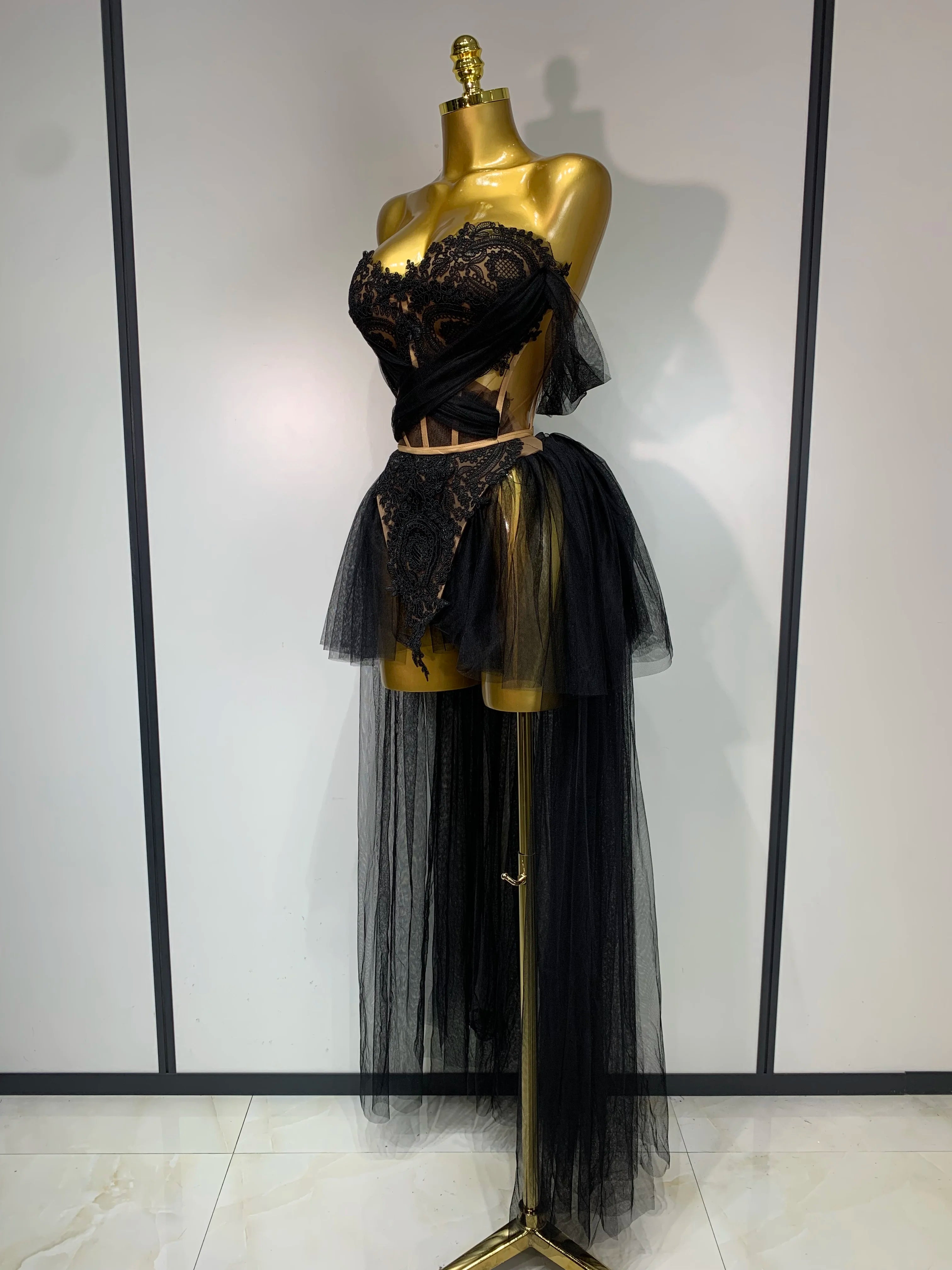 Backless Mesh Top Skirt Two Pieces Set Luxury Dress