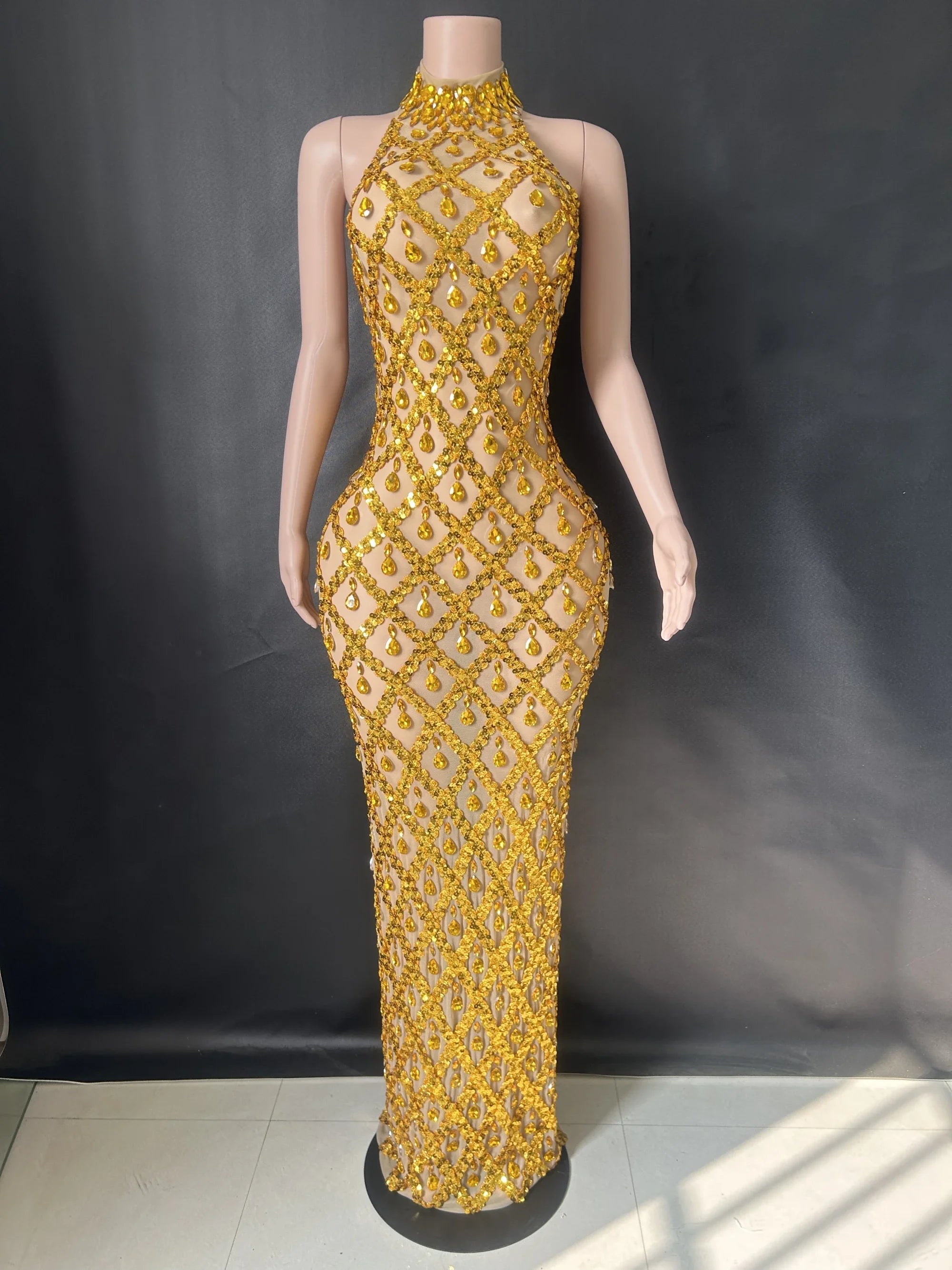 Prom Birthday Dress Transparent Rhinestone Sequins Dress