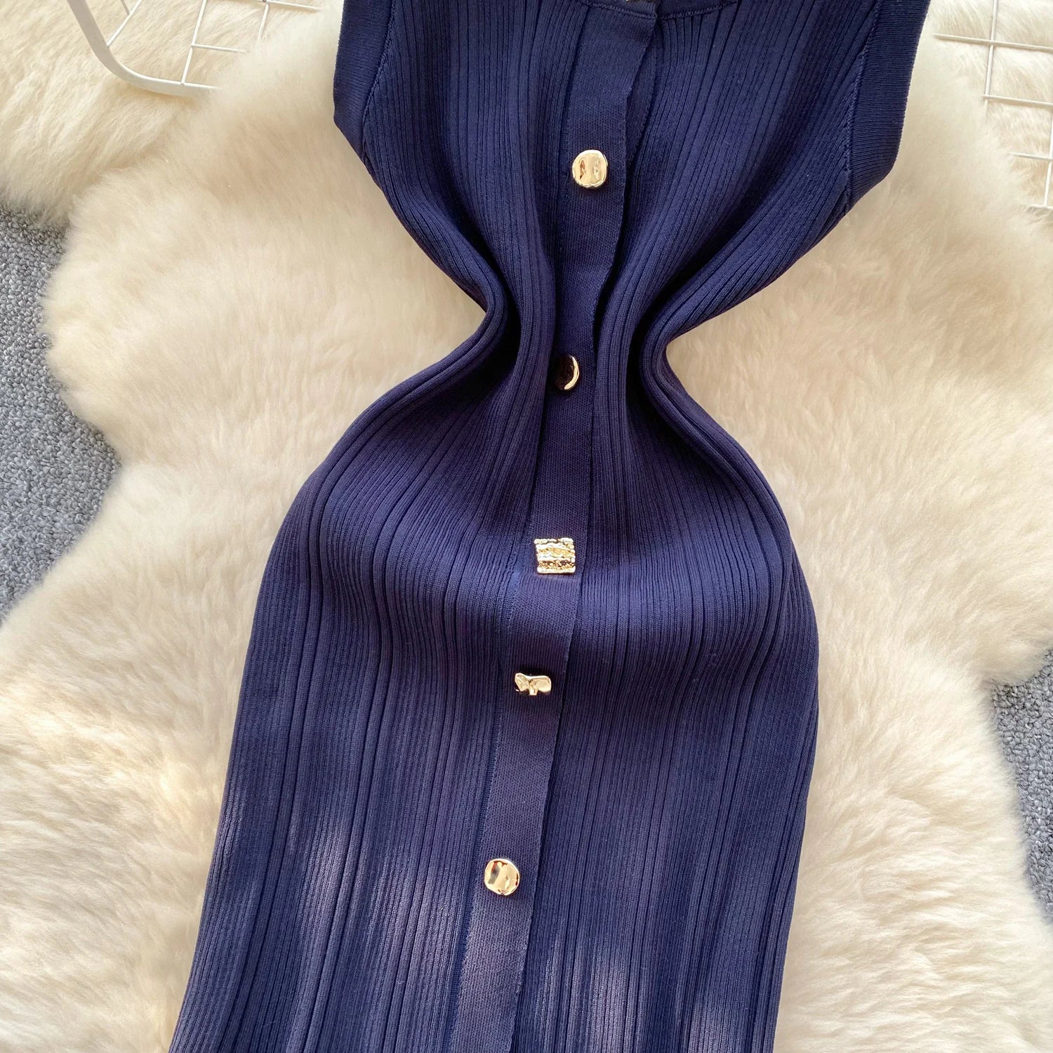 Elegant Office Lady Dress O Neck Sleeveless Knitted Bodycon Dress Sundress