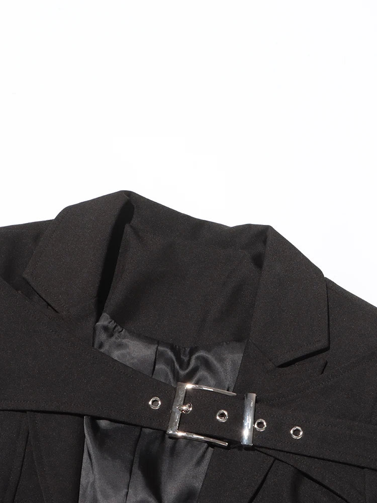 Solid Hollow Out Lapel Long Sleeve Spliced Belt Chic Asymmetrical Jackets