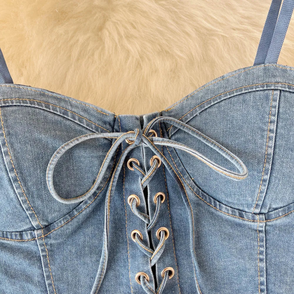 Spaghetti Strap Denim Drawstring Tanks Camis