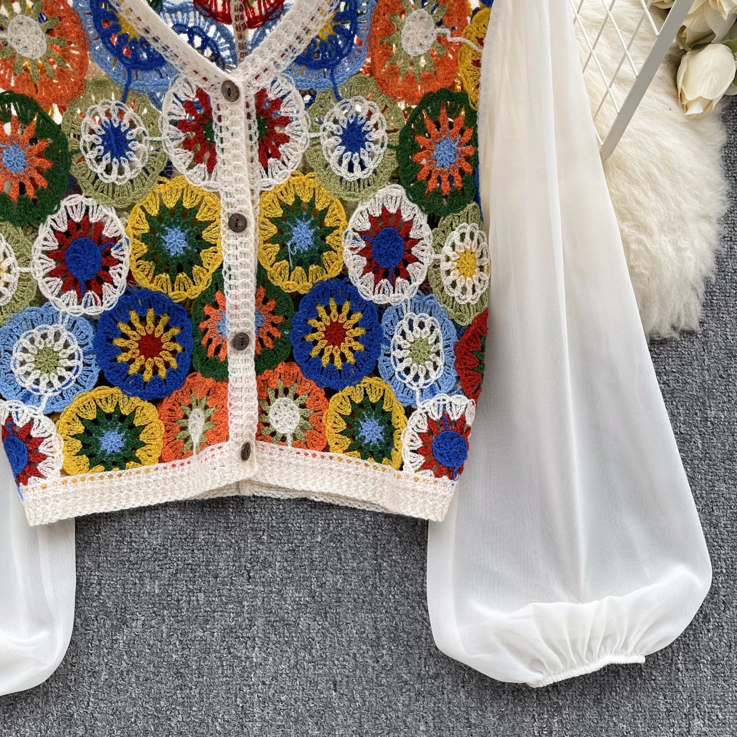 Knitting Crochet  Hollow Out Long Lantern Sleeve Blouse