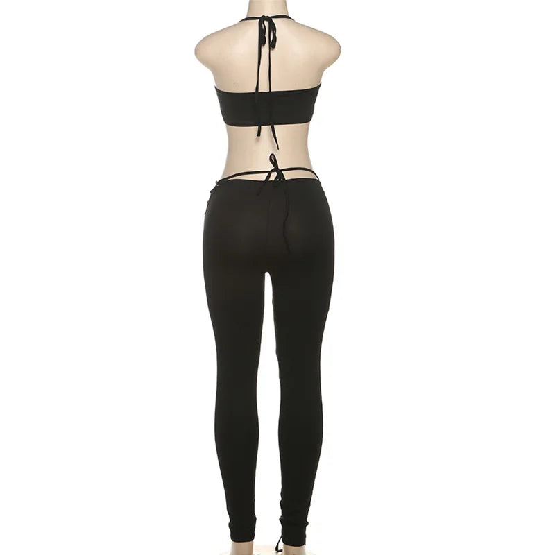 Lace Up 2 Piece Set Halter Camisole Crop Tops + Shirring Hollow Skinny Pants Two Piece Set