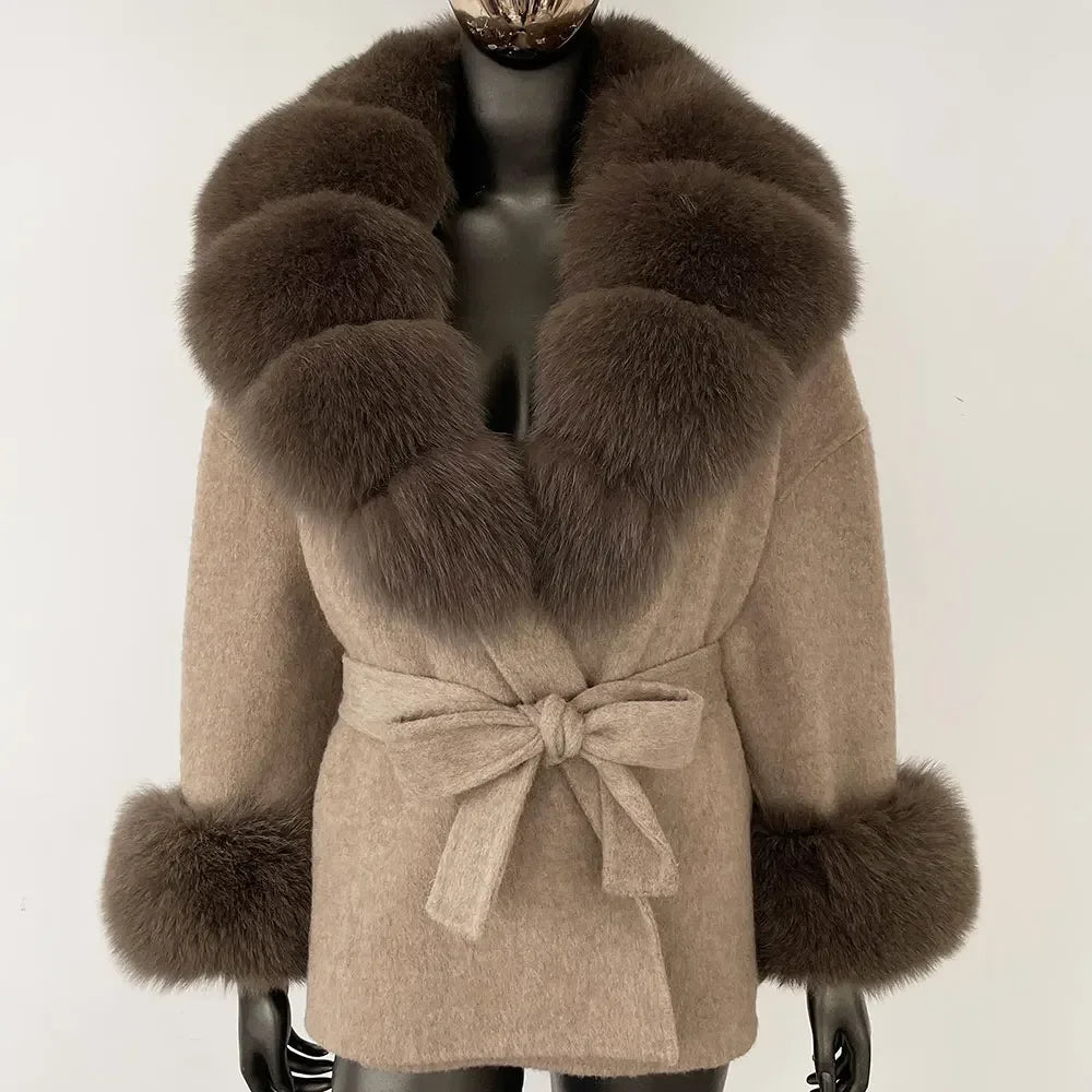 Winter Loose Outerwear Casual Natural Real Raccoon Fox Fur Blends Wool Coat