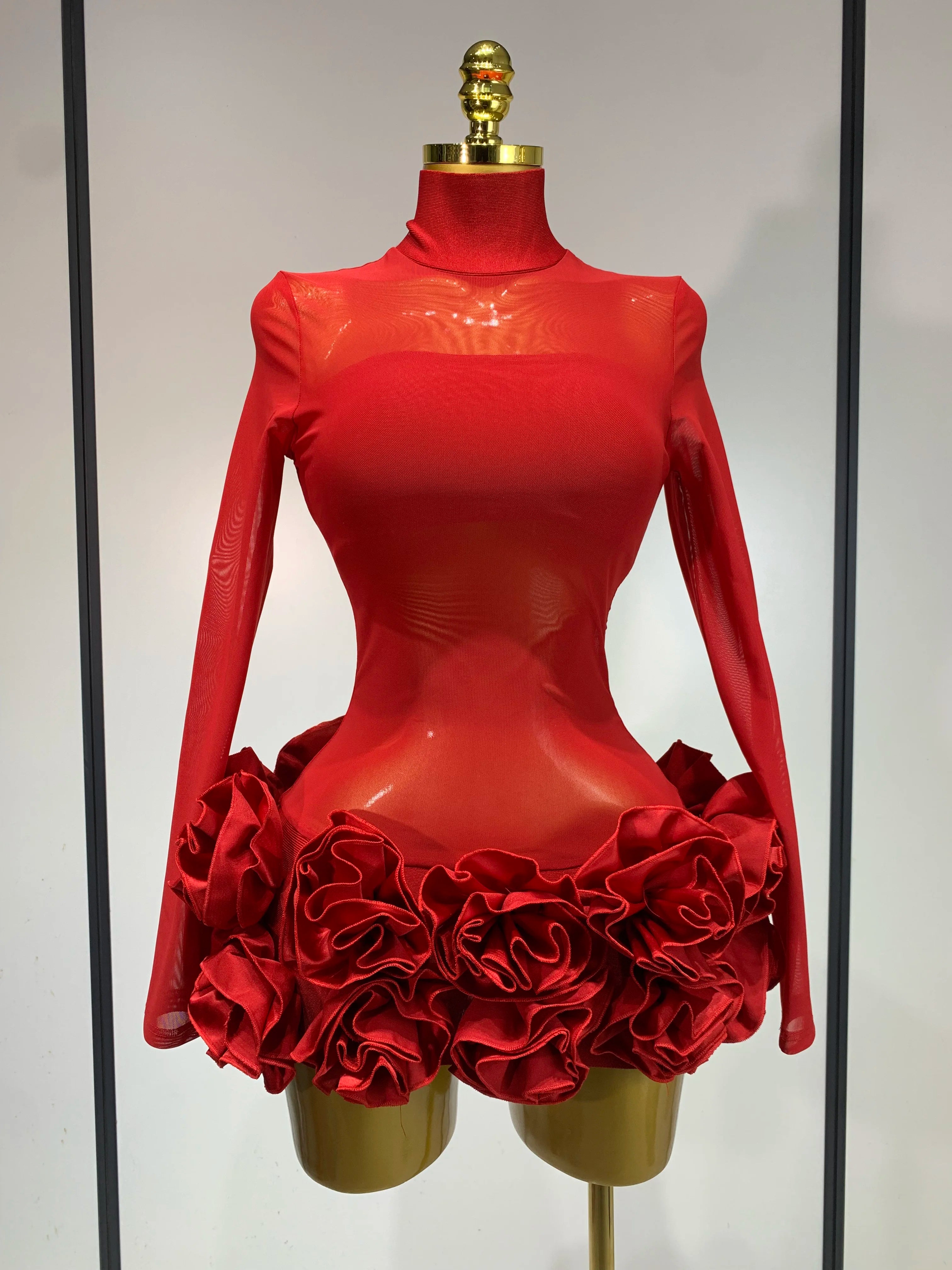 See through Mesh Stereoscopic Flowers Mini Bandage Dress
