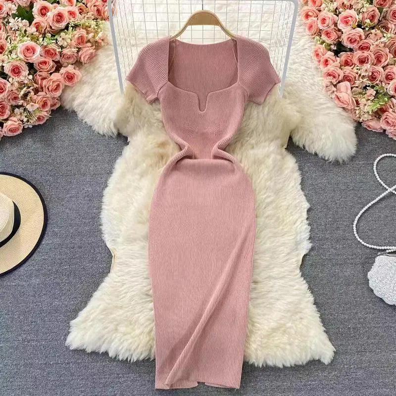 Elegant Square Neck Short Sleeve Slim Fit Knitted Bodycon Dress